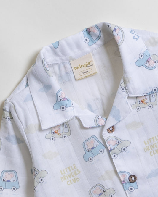 Twingle 100% Organic Muslin Nightsuit-Prevents Overheating-Naturally Temperature Regulating for Better Sleep-Soft Elasticated Waistband-Little Drivers-White-For Infants