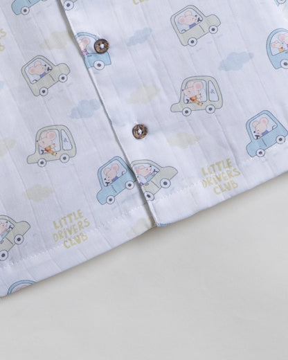 Twingle 100% Organic Muslin Nightsuit-Prevents Overheating-Naturally Temperature Regulating for Better Sleep-Soft Elasticated Waistband-Little Drivers-White-For Infants