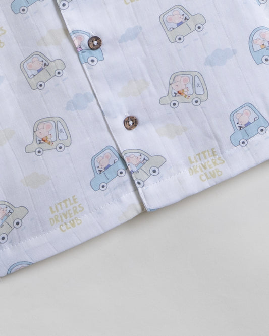 Twingle 100% Organic Muslin Nightsuit-Prevents Overheating-Naturally Temperature Regulating for Better Sleep-Soft Elasticated Waistband-Little Drivers-White-For Infants