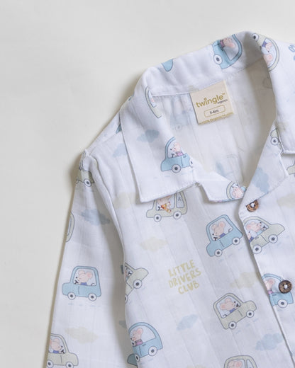 Twingle 100% Organic Muslin Nightsuit-Prevents Overheating-Naturally Temperature Regulating for Better Sleep-Soft Elasticated Waistband-Little Drivers-White-For Infants