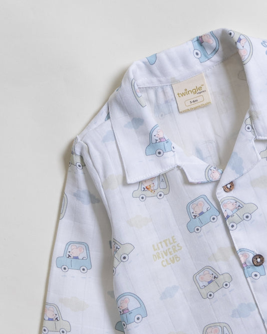 Twingle 100% Organic Muslin Nightsuit-Prevents Overheating-Naturally Temperature Regulating for Better Sleep-Soft Elasticated Waistband-Little Drivers-White-For Infants