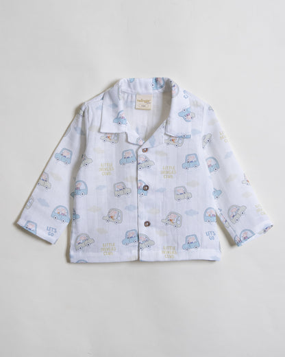 Twingle 100% Organic Muslin Nightsuit-Prevents Overheating-Naturally Temperature Regulating for Better Sleep-Soft Elasticated Waistband-Little Drivers-White-For Infants