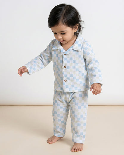 Twingle 100% Organic Muslin Nightsuit-Prevents Overheating-Naturally Temperature Regulating for Better Sleep-Soft Elasticated Waistband-Checkered Chaos-White-For Infants
