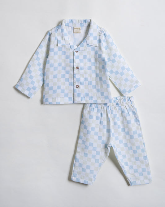 Twingle 100% Organic Muslin Nightsuit-Prevents Overheating-Naturally Temperature Regulating for Better Sleep-Soft Elasticated Waistband-Checkered Chaos-White-For Infants