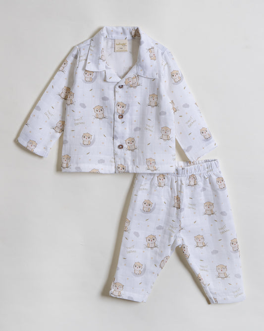 Twingle 100% Organic Muslin Nightsuit-Prevents Overheating-Naturally Temperature Regulating for Better Sleep-Soft Elasticated Waistband-Sleepy Owls-White-For Infants