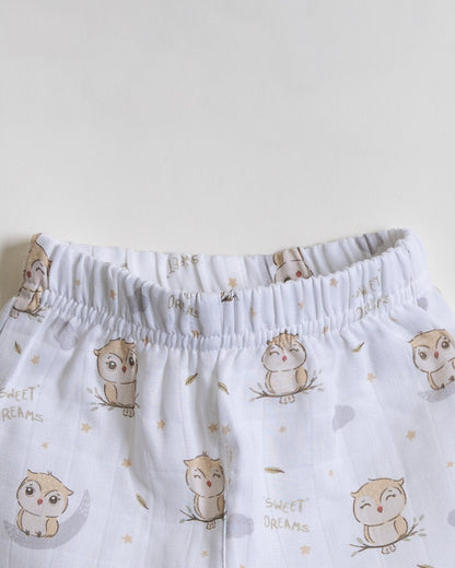 Twingle 100% Organic Muslin Nightsuit-Prevents Overheating-Naturally Temperature Regulating for Better Sleep-Soft Elasticated Waistband-Sleepy Owls-White-For Infants
