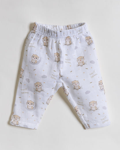 Twingle 100% Organic Muslin Nightsuit-Prevents Overheating-Naturally Temperature Regulating for Better Sleep-Soft Elasticated Waistband-Sleepy Owls-White-For Infants