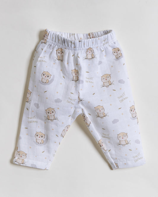 Twingle 100% Organic Muslin Nightsuit-Prevents Overheating-Naturally Temperature Regulating for Better Sleep-Soft Elasticated Waistband-Sleepy Owls-White-For Infants