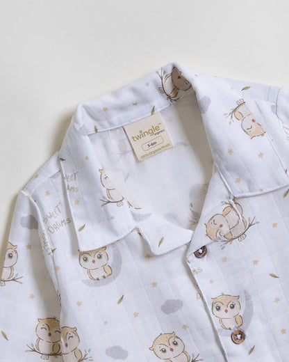 Twingle 100% Organic Muslin Nightsuit-Prevents Overheating-Naturally Temperature Regulating for Better Sleep-Soft Elasticated Waistband-Sleepy Owls-White-For Infants