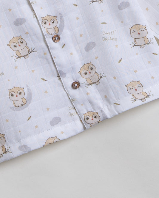 Twingle 100% Organic Muslin Nightsuit-Prevents Overheating-Naturally Temperature Regulating for Better Sleep-Soft Elasticated Waistband-Sleepy Owls-White-For Infants