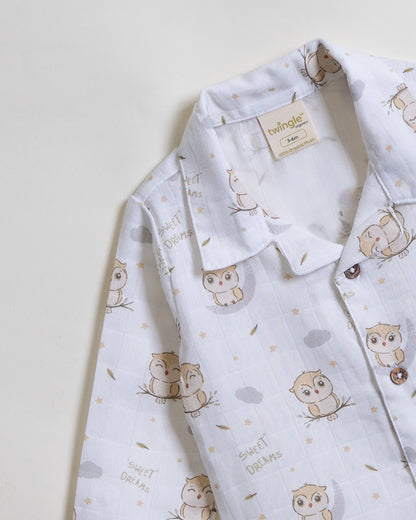 Twingle 100% Organic Muslin Nightsuit-Prevents Overheating-Naturally Temperature Regulating for Better Sleep-Soft Elasticated Waistband-Sleepy Owls-White-For Infants