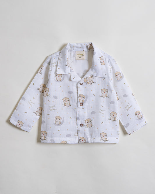 Twingle 100% Organic Muslin Nightsuit-Prevents Overheating-Naturally Temperature Regulating for Better Sleep-Soft Elasticated Waistband-Sleepy Owls-White-For Infants