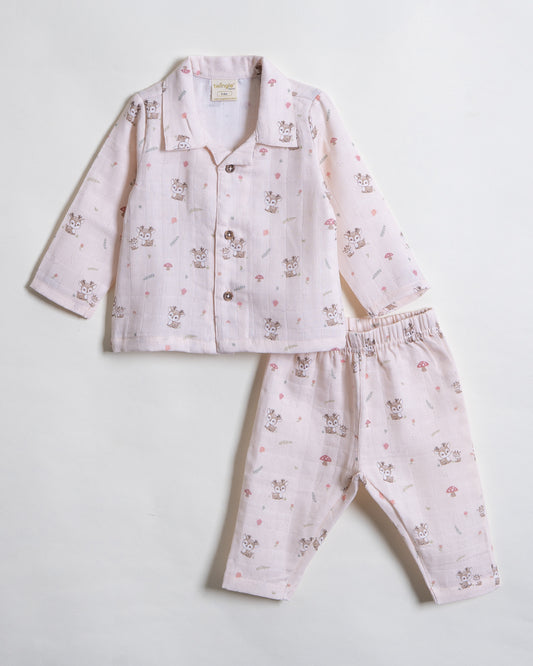 Twingle 100% Organic Muslin Nightsuit-Prevents Overheating-Naturally Temperature Regulating for Better Sleep-Soft Elasticated Waistband-Mama Deer-White-For Infants