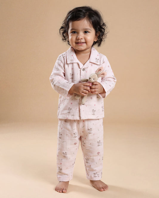 Twingle 100% Organic Muslin Nightsuit-Prevents Overheating-Naturally Temperature Regulating for Better Sleep-Soft Elasticated Waistband-Mama Deer-White-For Infants