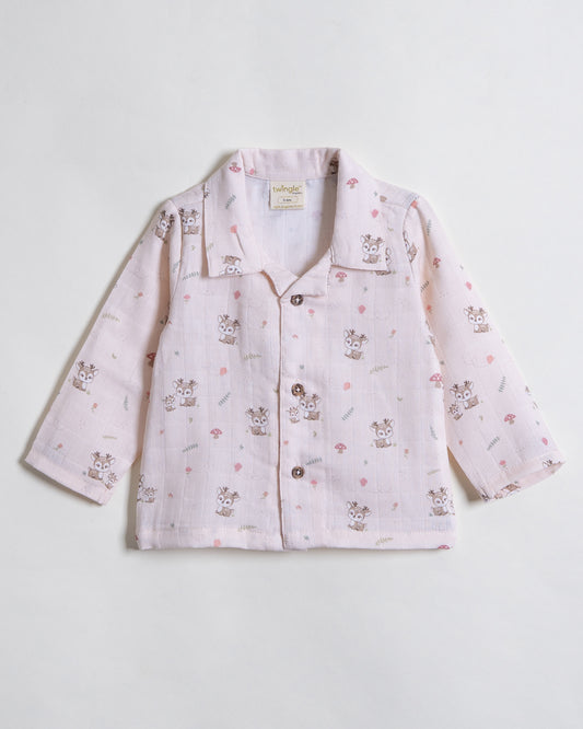 Twingle 100% Organic Muslin Nightsuit-Prevents Overheating-Naturally Temperature Regulating for Better Sleep-Soft Elasticated Waistband-Mama Deer-White-For Infants