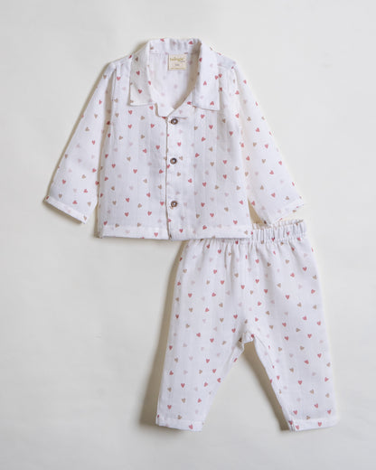 Twingle 100% Organic Muslin Nightsuit-Prevents Overheating-Naturally Temperature Regulating for Better Sleep-Soft Elasticated Waistband-Tiny Hearts-White-For Infants