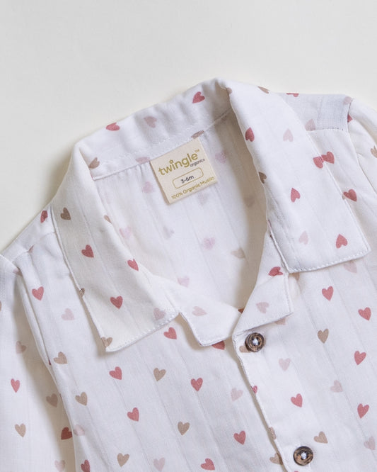 Twingle 100% Organic Muslin Nightsuit-Prevents Overheating-Naturally Temperature Regulating for Better Sleep-Soft Elasticated Waistband-Tiny Hearts-White-For Infants