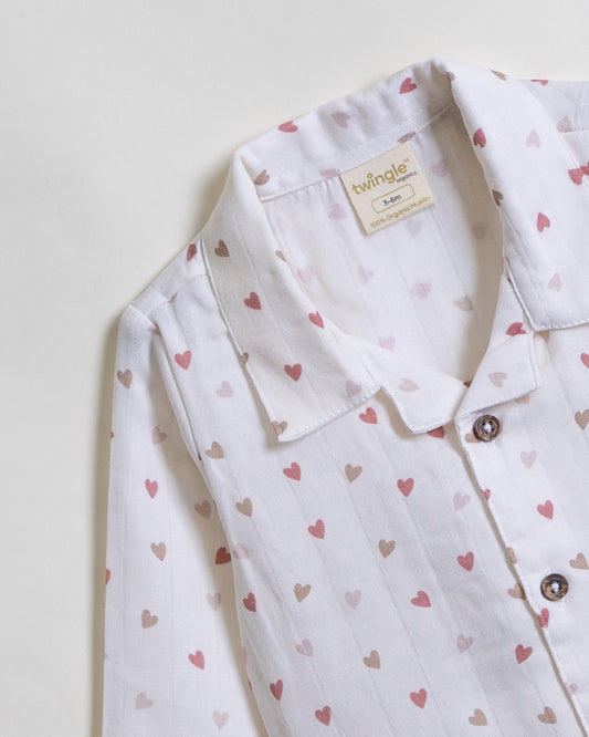 Twingle 100% Organic Muslin Nightsuit-Prevents Overheating-Naturally Temperature Regulating for Better Sleep-Soft Elasticated Waistband-Tiny Hearts-White-For Infants