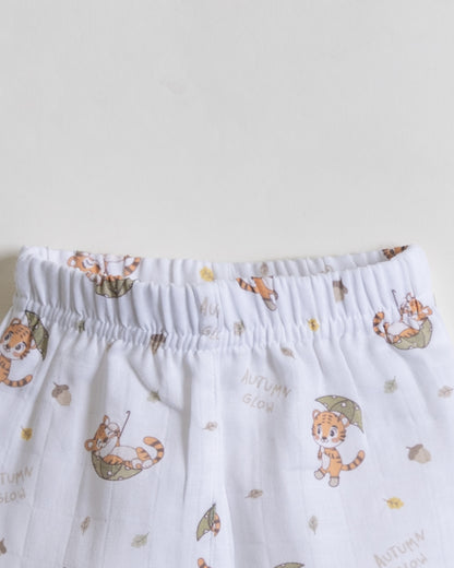 Twingle 100% Organic Muslin Nightsuit-Prevents Overheating-Naturally Temperature Regulating for Better Sleep-Soft Elasticated Waistband-Cozy Roars-White-For Infants