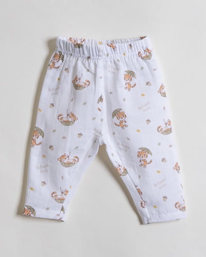 Twingle 100% Organic Muslin Nightsuit-Prevents Overheating-Naturally Temperature Regulating for Better Sleep-Soft Elasticated Waistband-Cozy Roars-White-For Infants