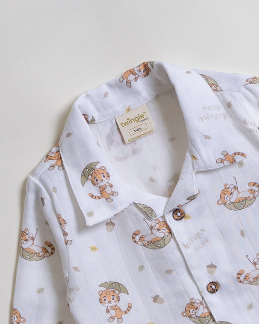 Twingle 100% Organic Muslin Nightsuit-Prevents Overheating-Naturally Temperature Regulating for Better Sleep-Soft Elasticated Waistband-Cozy Roars-White-For Infants