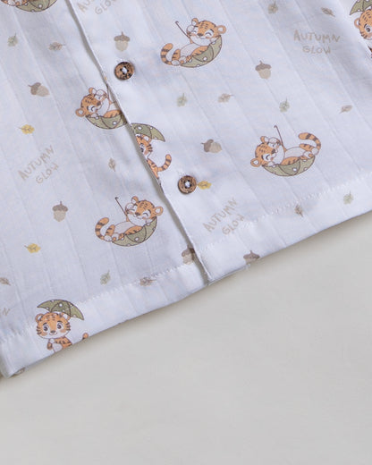 Twingle 100% Organic Muslin Nightsuit-Prevents Overheating-Naturally Temperature Regulating for Better Sleep-Soft Elasticated Waistband-Cozy Roars-White-For Infants