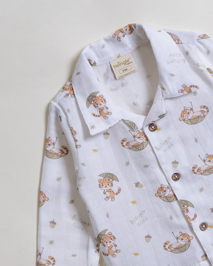 Twingle 100% Organic Muslin Nightsuit-Prevents Overheating-Naturally Temperature Regulating for Better Sleep-Soft Elasticated Waistband-Cozy Roars-White-For Infants