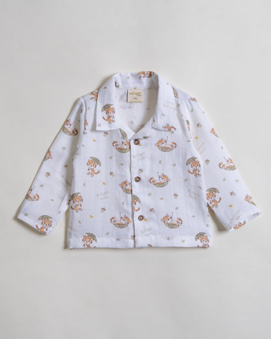 Twingle 100% Organic Muslin Nightsuit-Prevents Overheating-Naturally Temperature Regulating for Better Sleep-Soft Elasticated Waistband-Cozy Roars-White-For Infants