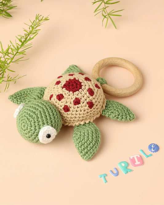 Baby Forest Crochet Karigari Turtle Baby Rattle Toy-Encourages Visual Development-For Infants