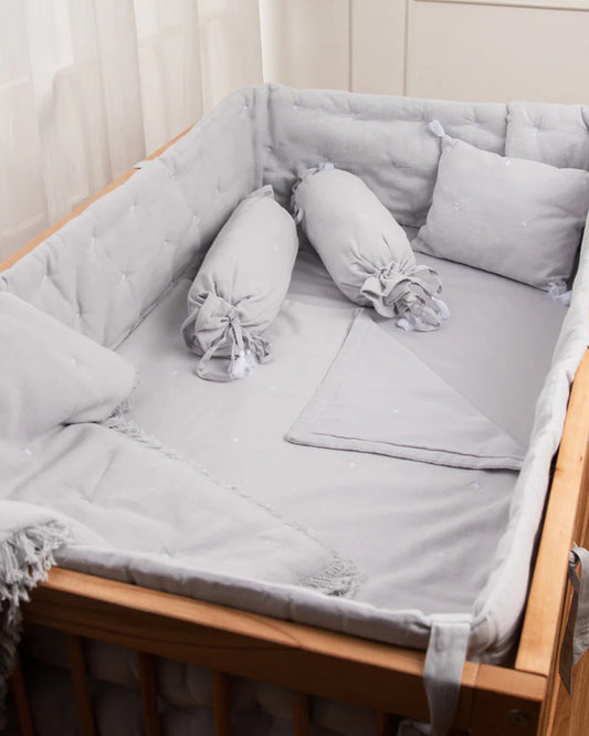 LittleBird Baby Bedding Set with Cot Bumper-Hush Grey-Hand Embroidered-100% Cotton-For Infants