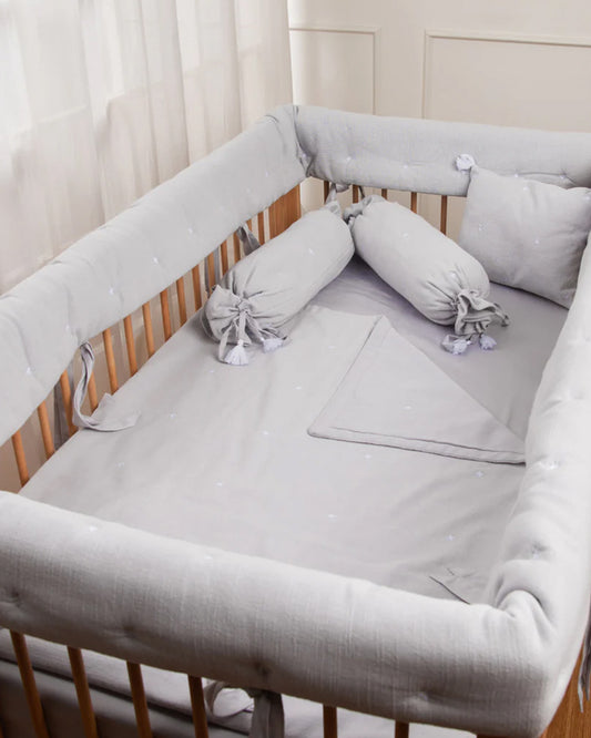 LittleBird Baby Bedding Set with Cot Bumper-Hush Grey-Hand Embroidered-100% Cotton-For Infants