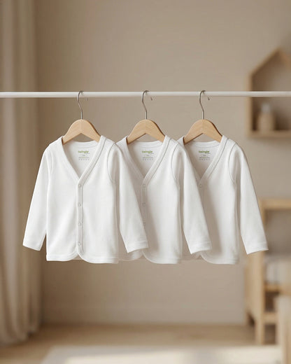 Twingle 100% Organic Cotton Jhabla Vest-Front Snaps for Easy Dressing-No Itchy Neck Tags-Long Sleeves-Solid-White-Pack of 3-For Infants