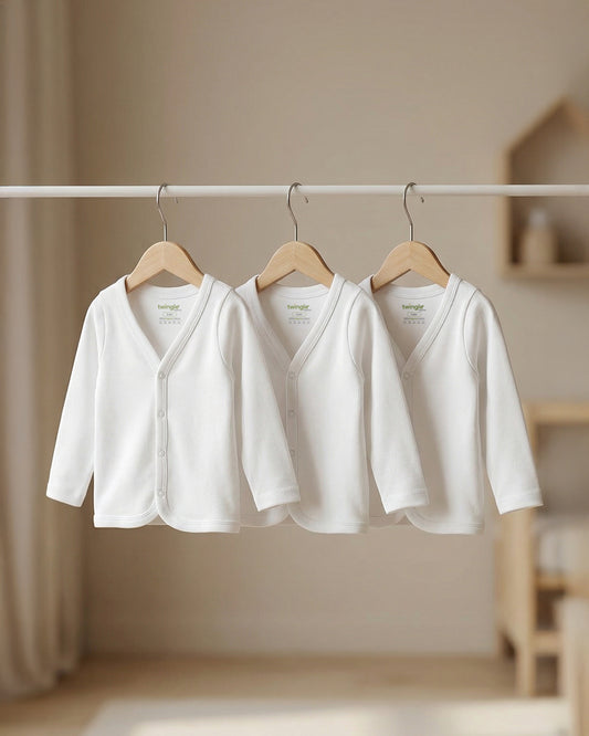 Twingle 100% Organic Cotton Jhabla Vest-Front Snaps for Easy Dressing-No Itchy Neck Tags-Long Sleeves-Solid-White-Pack of 3-For Infants