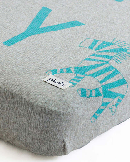 Pluchi Fitted Cot Bedsheet & Pillow Set-Knitted Cotton-Alphabet-Grey & Blue-For Infants
