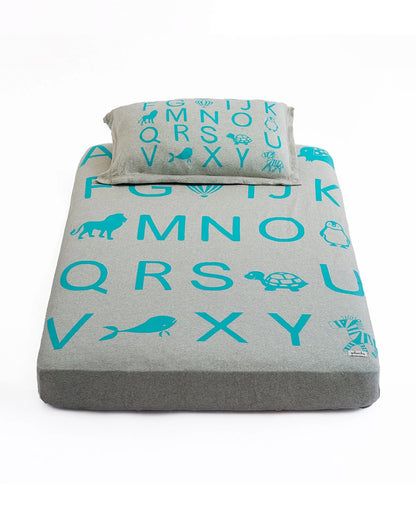 Pluchi Fitted Cot Bedsheet & Pillow Set-Knitted Cotton-Alphabet-Grey & Blue-For Infants