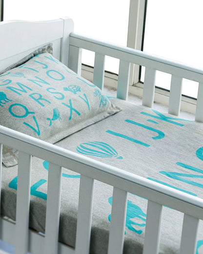 Pluchi Fitted Cot Bedsheet & Pillow Set-Knitted Cotton-Alphabet-Grey & Blue-For Infants