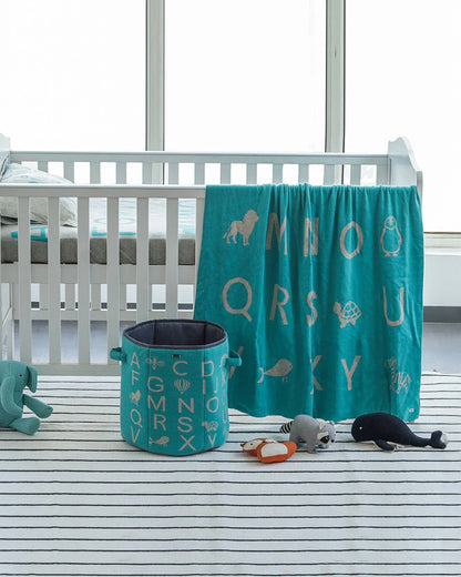Pluchi Fitted Cot Bedsheet & Pillow Set-Knitted Cotton-Alphabet-Grey & Blue-For Infants