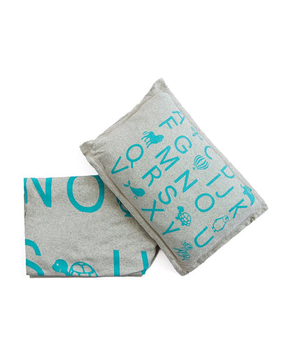 Pluchi Fitted Cot Bedsheet & Pillow Set-Knitted Cotton-Alphabet-Grey & Blue-For Infants