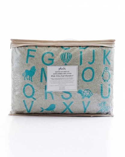 Pluchi Fitted Cot Bedsheet & Pillow Set-Knitted Cotton-Alphabet-Grey & Blue-For Infants