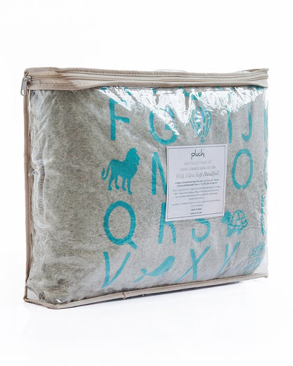 Pluchi Fitted Cot Bedsheet & Pillow Set-Knitted Cotton-Alphabet-Grey & Blue-For Infants