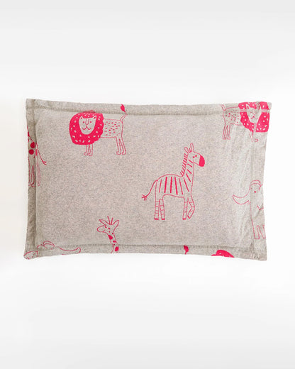 Pluchi Fitted Cot Bedsheet & Pillow Set-Knitted Cotton-Jungle Safari-Grey & Pink-For Infants