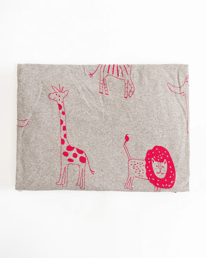 Pluchi Fitted Cot Bedsheet & Pillow Set-Knitted Cotton-Jungle Safari-Grey & Pink-For Infants