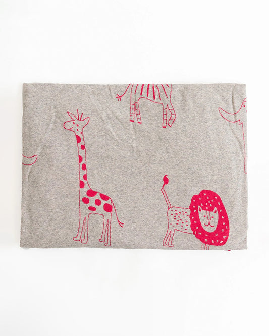 Pluchi Fitted Cot Bedsheet & Pillow Set-Knitted Cotton-Jungle Safari-Grey & Pink-For Infants