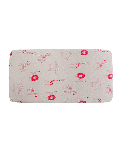 Pluchi Fitted Cot Bedsheet & Pillow Set-Knitted Cotton-Jungle Safari-Grey & Pink-For Infants