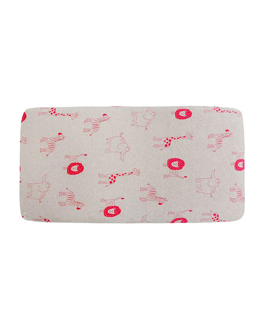 Pluchi Fitted Cot Bedsheet & Pillow Set-Knitted Cotton-Jungle Safari-Grey & Pink-For Infants