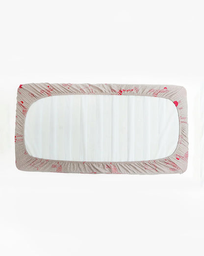 Pluchi Fitted Cot Bedsheet & Pillow Set-Knitted Cotton-Jungle Safari-Grey & Pink-For Infants