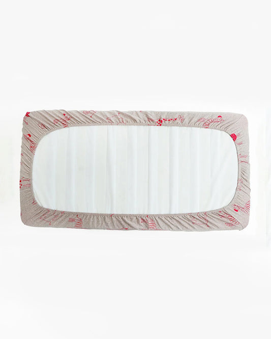 Pluchi Fitted Cot Bedsheet & Pillow Set-Knitted Cotton-Jungle Safari-Grey & Pink-For Infants