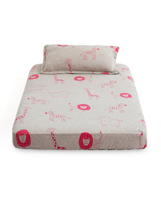 Pluchi Fitted Cot Bedsheet & Pillow Set-Knitted Cotton-Jungle Safari-Grey & Pink-For Infants