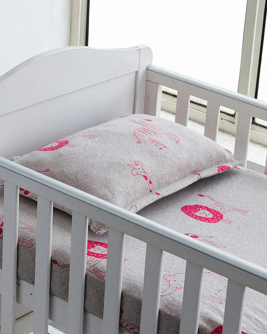 Pluchi Fitted Cot Bedsheet & Pillow Set-Knitted Cotton-Jungle Safari-Grey & Pink-For Infants