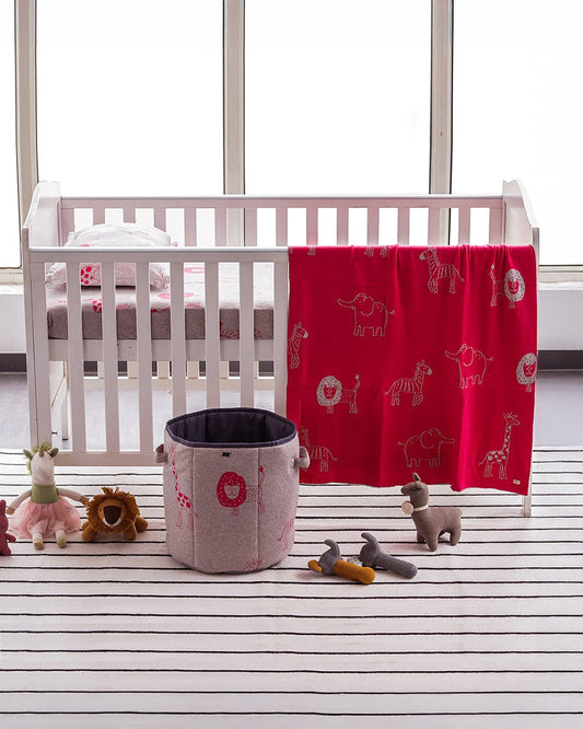Pluchi Fitted Cot Bedsheet & Pillow Set-Knitted Cotton-Jungle Safari-Grey & Pink-For Infants